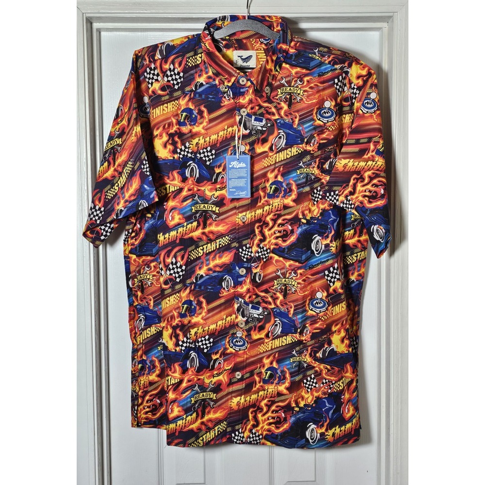 Yiume Hawaiian Shirt Men's Size XL 100% Cotton‎ Racing Cars Flames